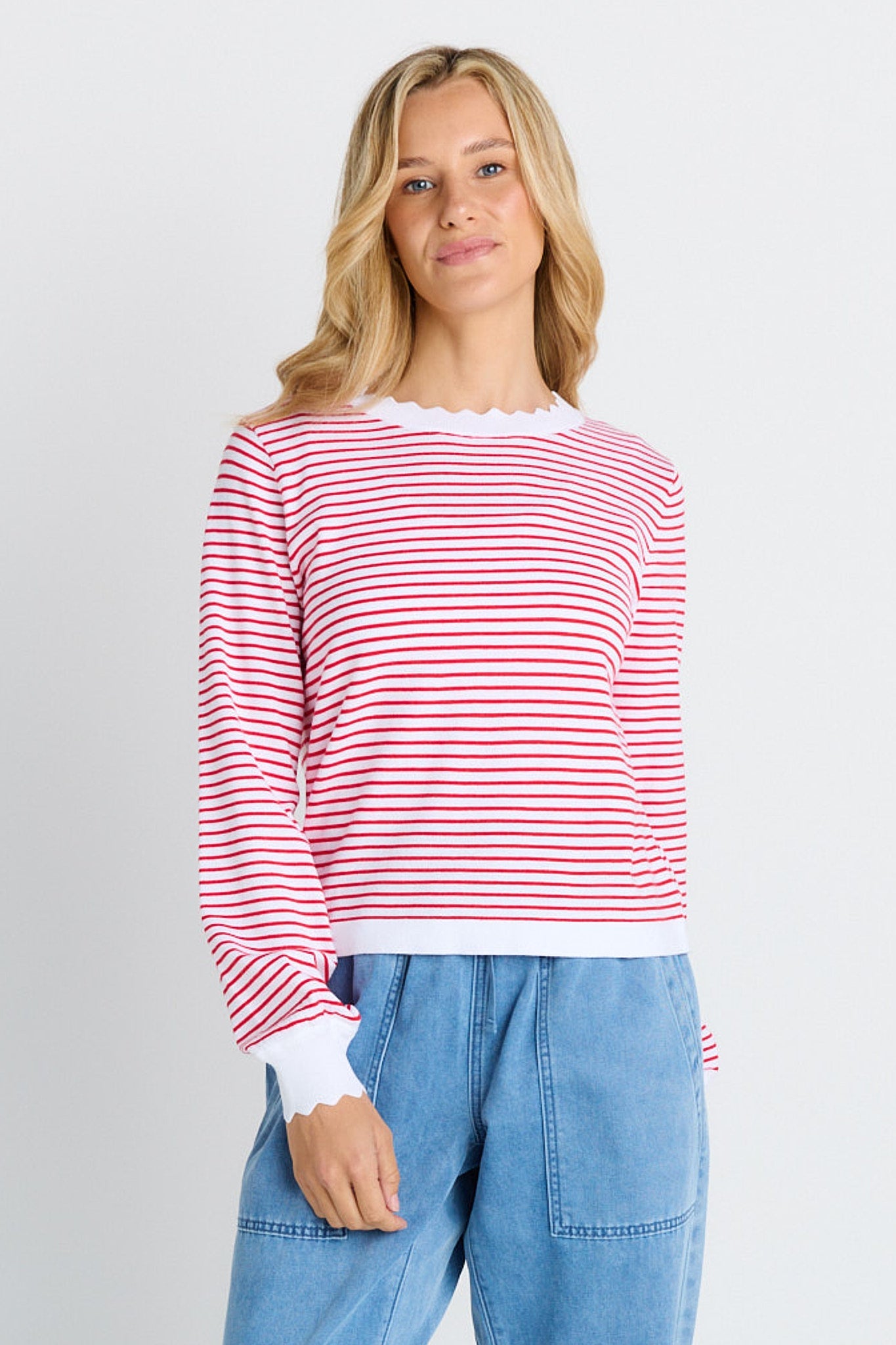 Betty Basics Scallop Knit Sweater (Red Stripe)