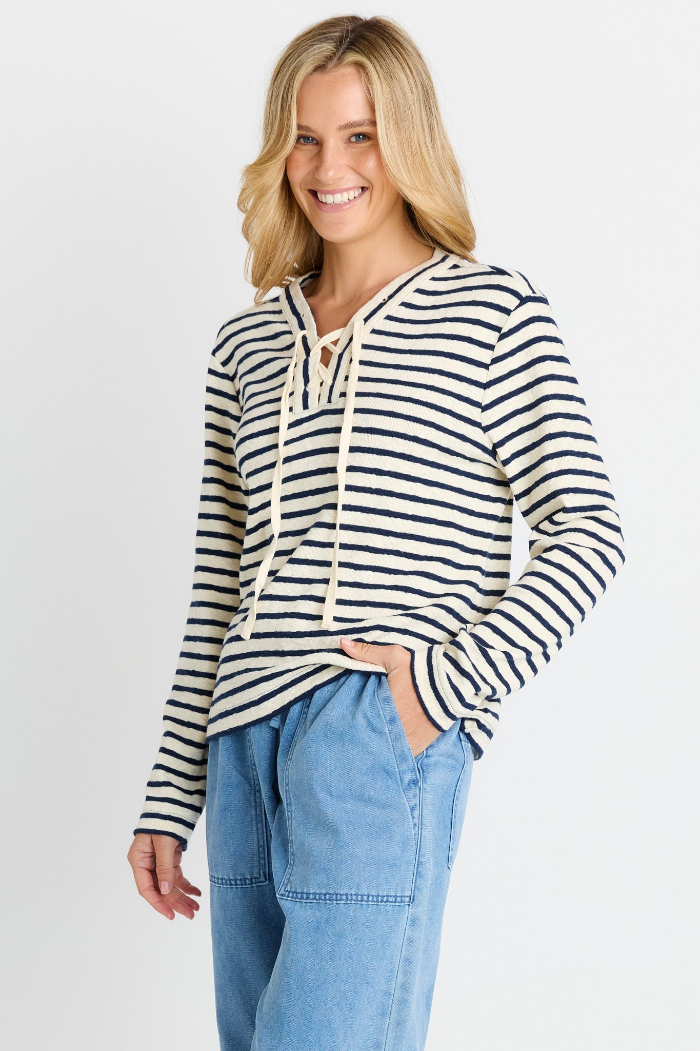 Betty Basics Tammi Tie Top (Navy Stripe)