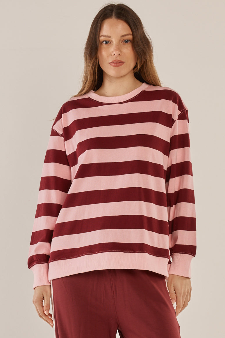 Image of a model wearing Outerwear. Productname: Betty Basics Stazie Sweatshirt Pink/Red Stripe in Pink/Red Stripe colour by brand - Betty Basics