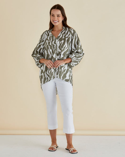 Betty Basics Grazia Blouse (Olive Geometric Print)