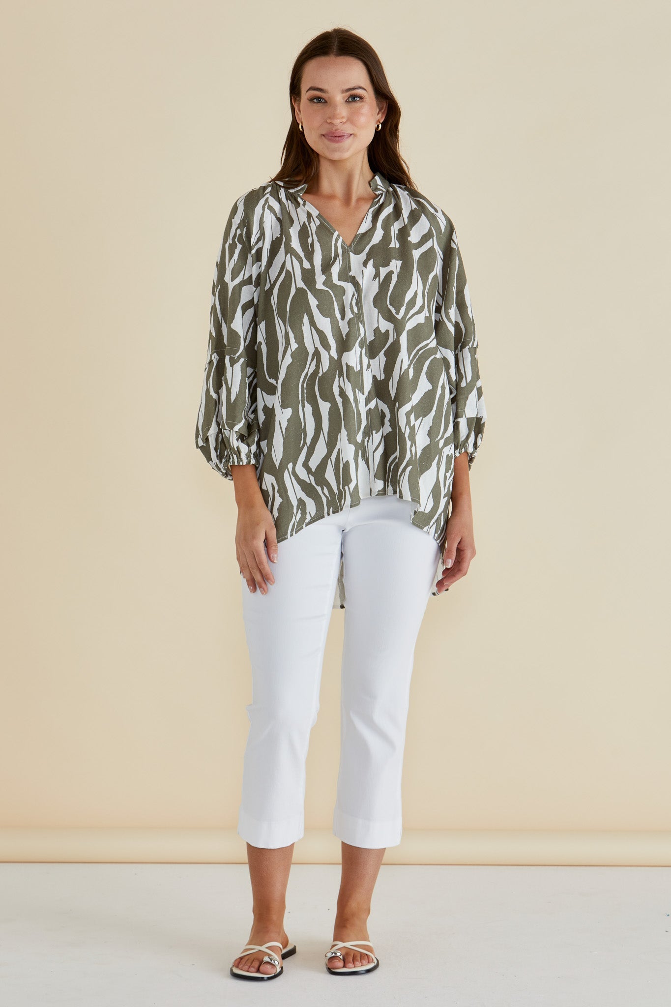 Betty Basics Grazia Blouse (Olive Geometric Print)
