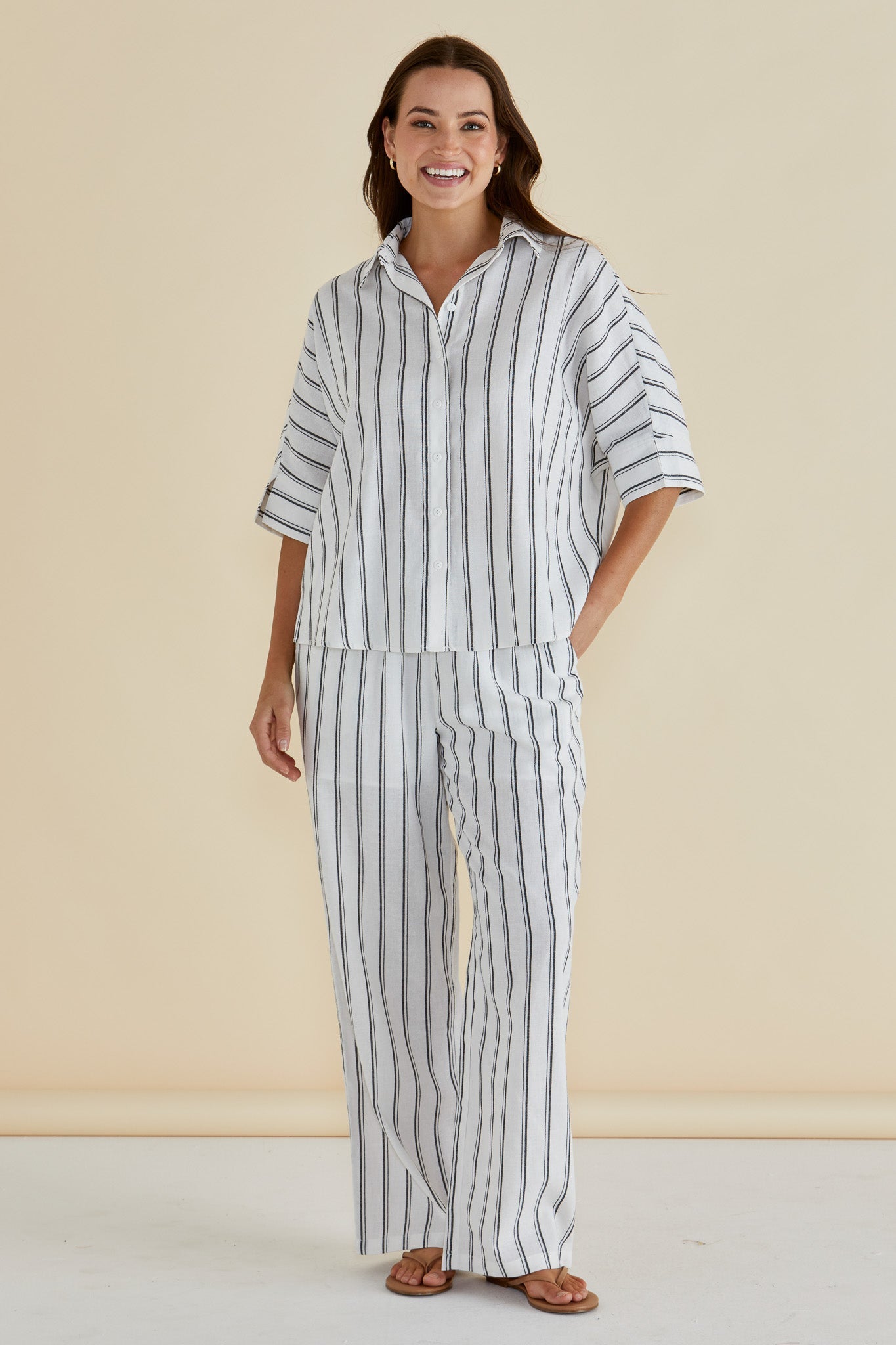 Betty Basics Lynwood Linen Shirt (Black/White Stripe)
