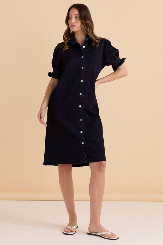Betty Basics Scallop Denim Dress (Indigo Blue)