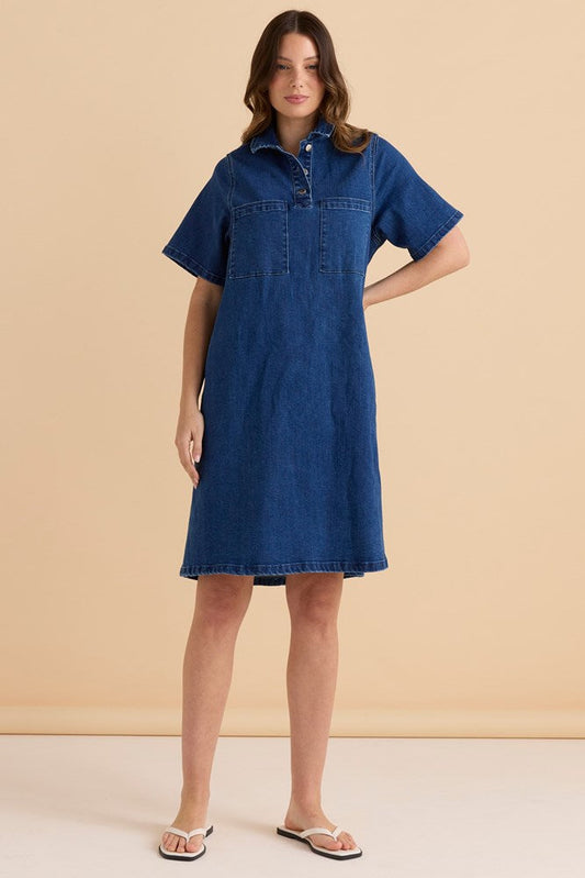 Betty Basics Shift Denim Shirt Dress Dusty Print (Dusty Blue)