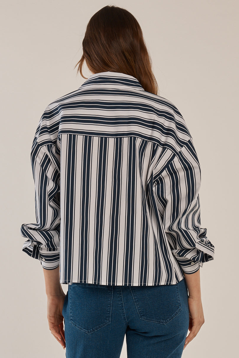 Betty Basics Erin Crop Shirt (Navy/White Stripe)