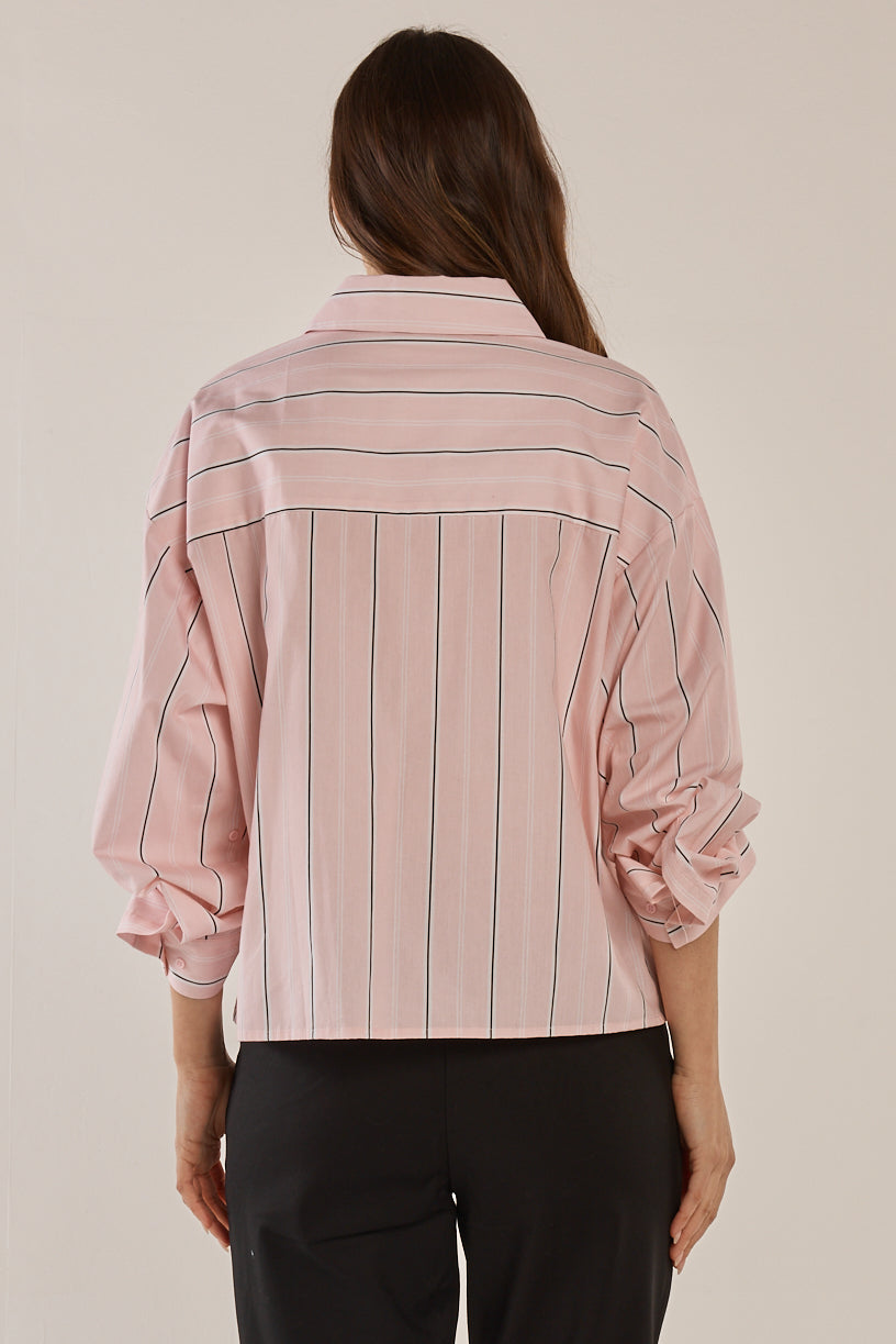 Betty Basics Erin Crop Shirt (Pink/Chocolate Stripe)