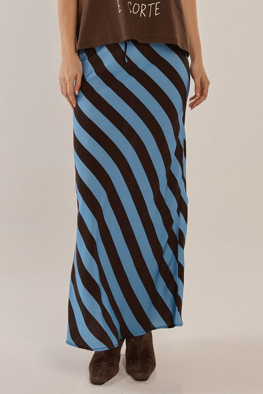 Betty Basics Bec Bias Skirt (Cornflower/Brown Stripe)