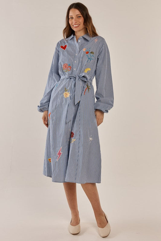 Betty Basics Amelia Shirt Dress (Floral Navy Stripe)