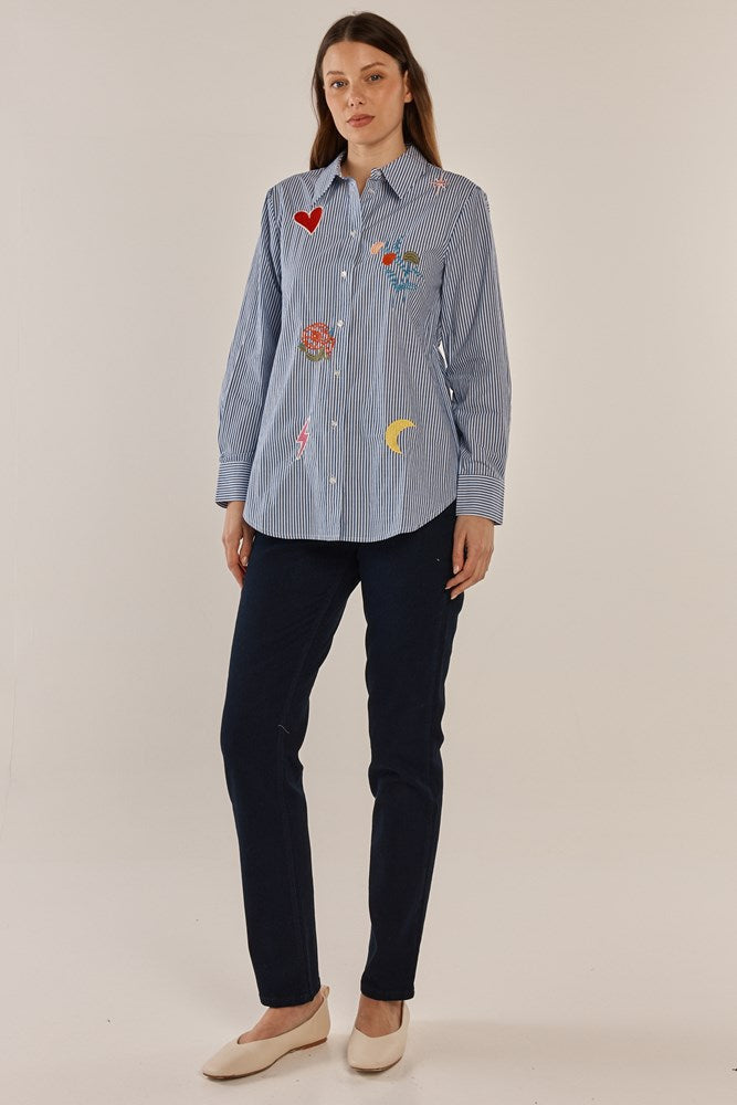 Betty Basics Amelia Shirt (Floral Navy Stripe)