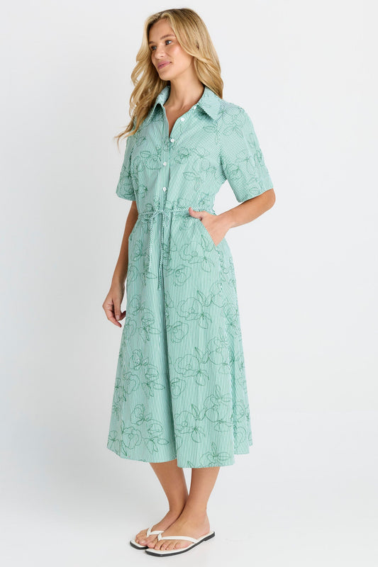 Betty Basics Shelley Shirt Dress (Green Stripe)