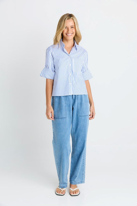 Betty Basics Cropped Poplin Shirt (Blue Stripe)