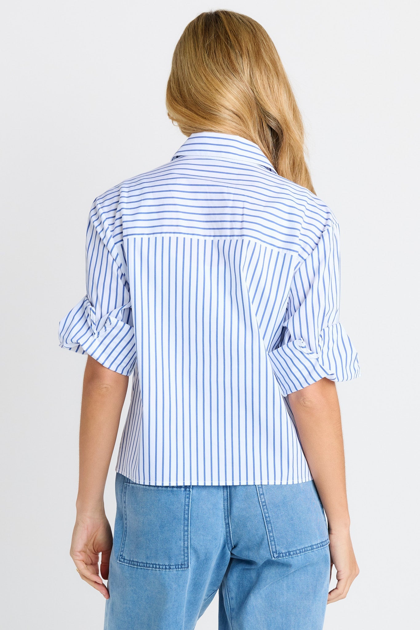Betty Basics Cropped Poplin Shirt (Blue Stripe)