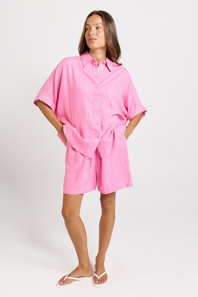 Betty Basics Ophelia Oversized Shirt (Pink/Teal Stripe)
