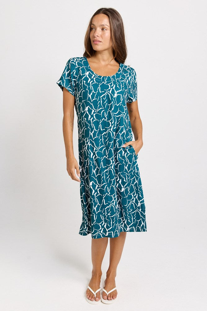 Betty Basics Bonnie Linen Blend Midi Dress (Teal Petal Print)