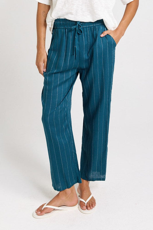 Betty Basics Palm Linen Blend Relax Pants (Teal/White Stripe)