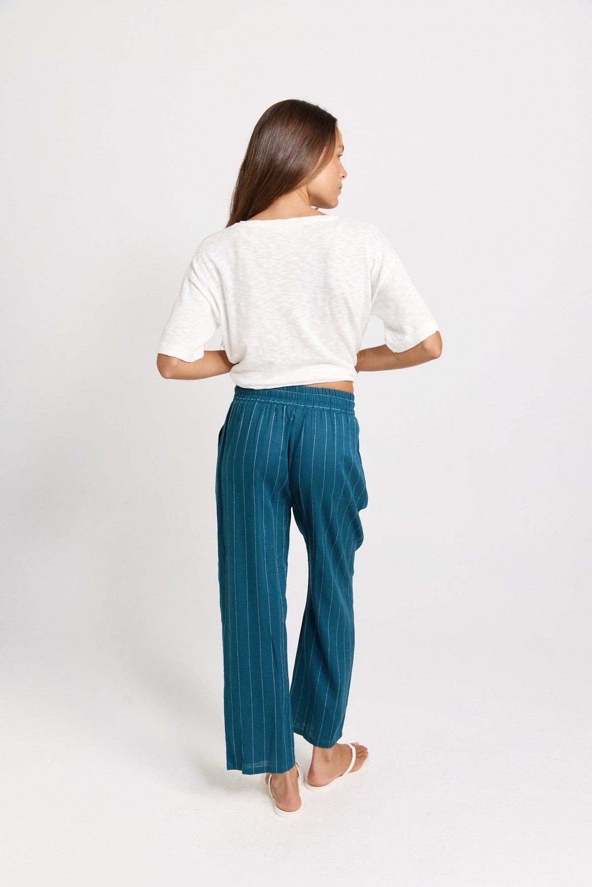 Betty Basics Palm Linen Blend Relax Pants (Teal/White Stripe)