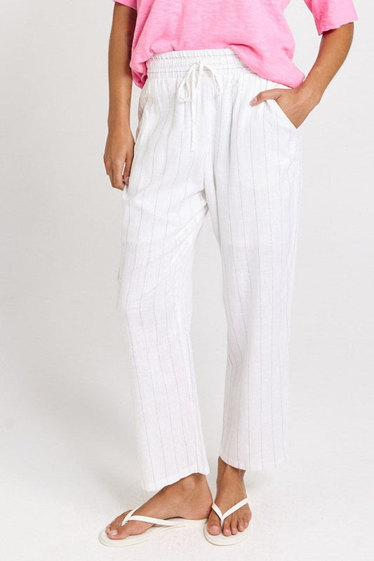 Betty Basics Palm Linen Blend Relax Pants (White/Black Stripe)