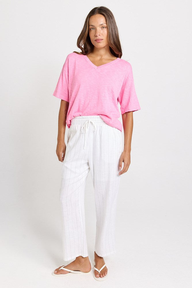 Betty Basics Palm Linen Blend Relax Pants (White/Black Stripe)
