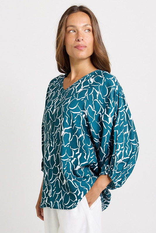 Betty Basics Bella Linen Blend Blouse (Teal Petal Print)