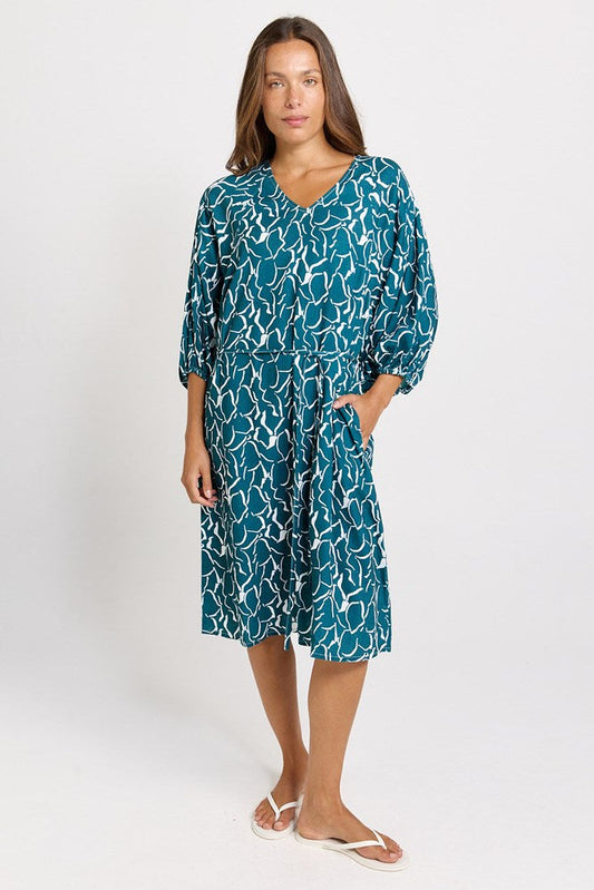 Betty Basics Bella Linen Blend Midi Dress (Teal Petal Print)