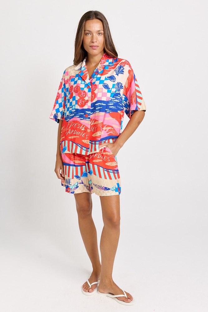 Betty Basics Sable Linen Blend Shirt (Mediterranean Print)