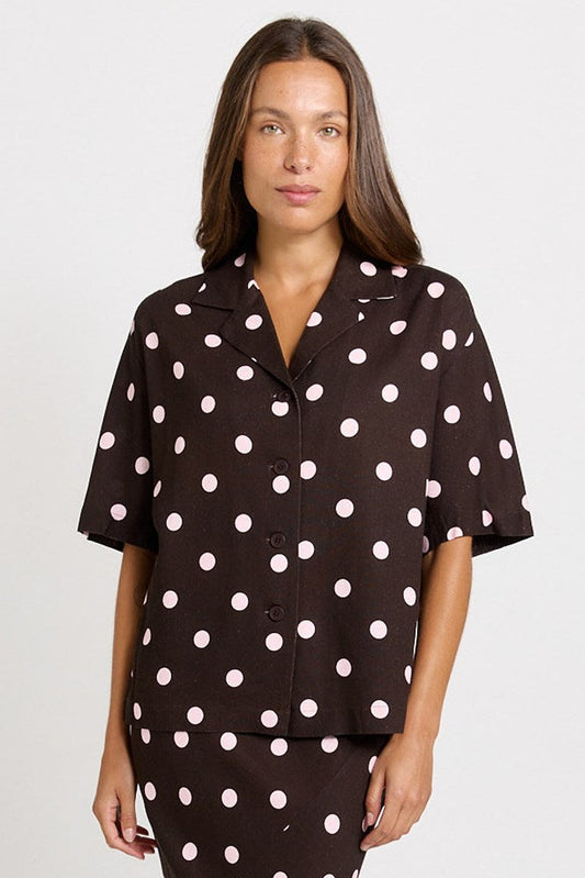 Betty Basics Sable Linen Blend Shirt (Pink/Choc Polka Dot)
