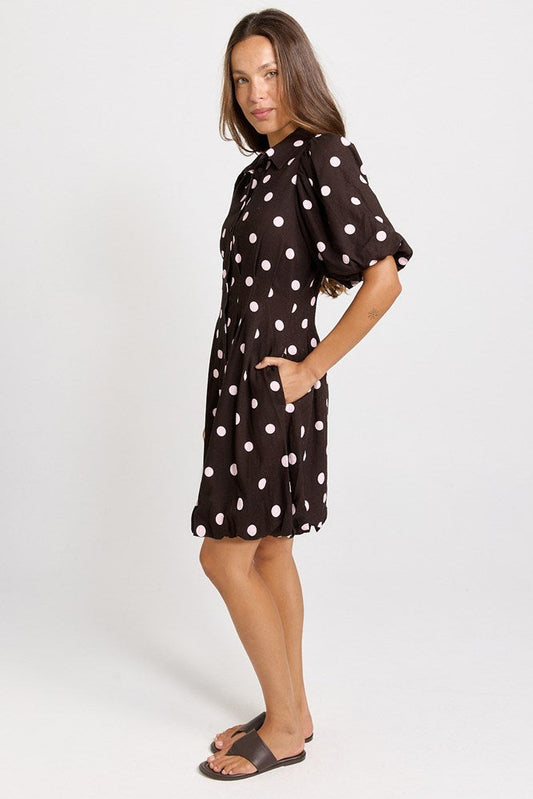 Betty Basics Nancy Linen Blend Shirt Dress (Pink/Choc Polka Dot)