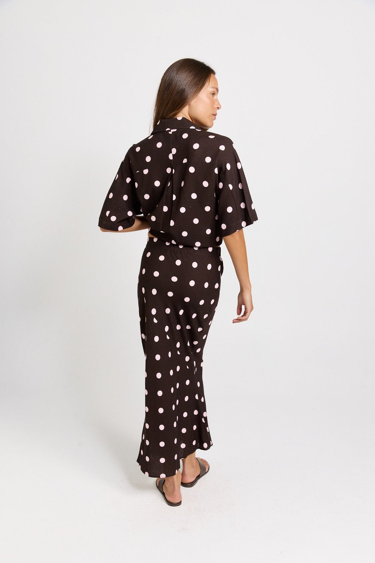 Betty Basics Sable Bias Yoke Midi Skirt (Pink/Choc Polka Dot)