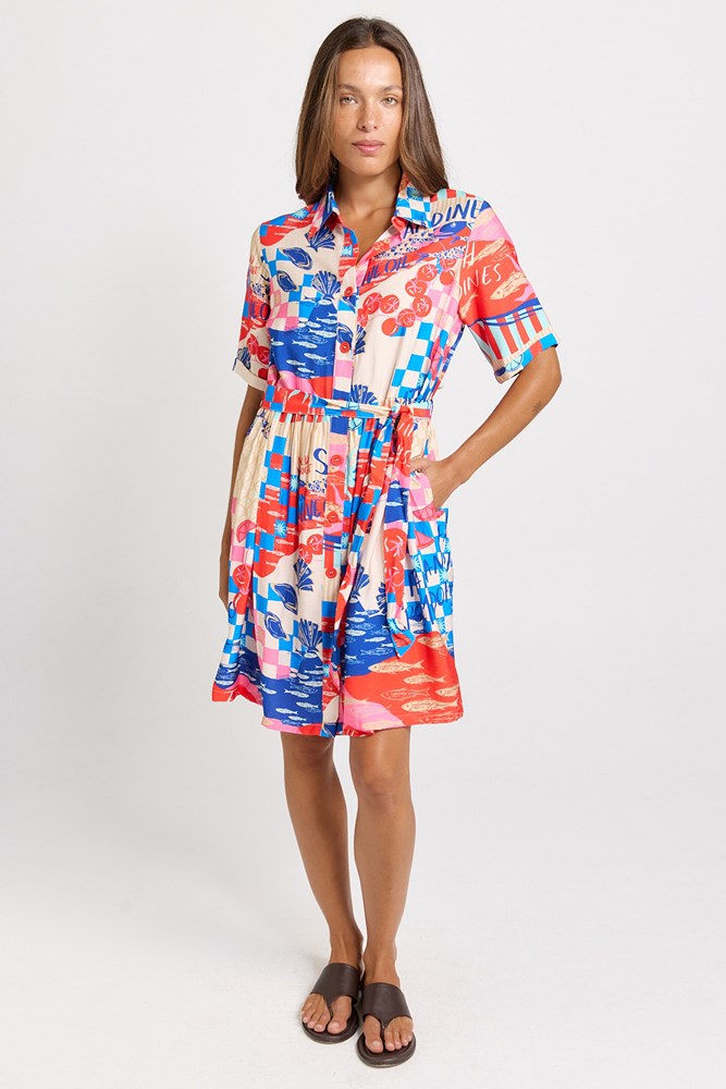 Betty Basics Palm Linen Blend Shirt Dress (Mediterranean Print)