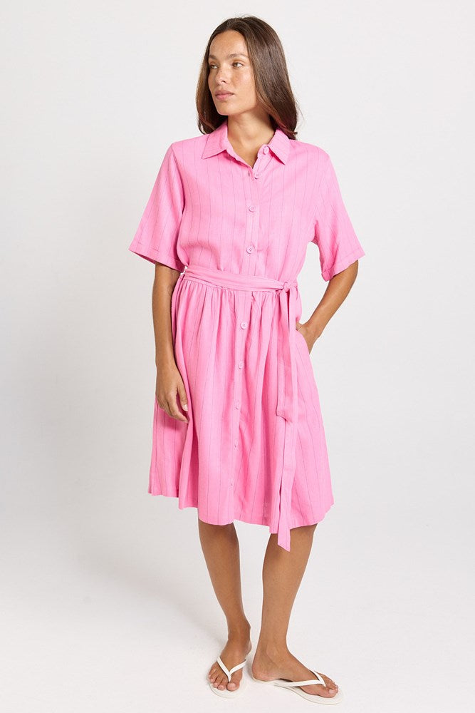 Betty Basics Palm Linen Blend Shirt Dress (Pink/Teal Stripe)
