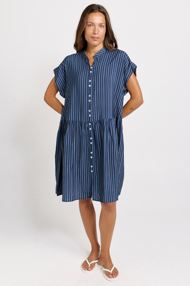 Betty Basics Sandy Drawstring Waist Dress (Blue Stripe)