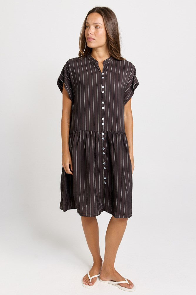 Betty Basics Sandy Drawstring Waist Dress (Brown Stripe)