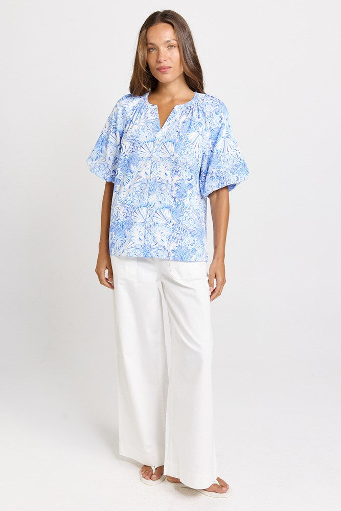 Betty Basics Bronte Cotton Blouse (Blue Shell Print)