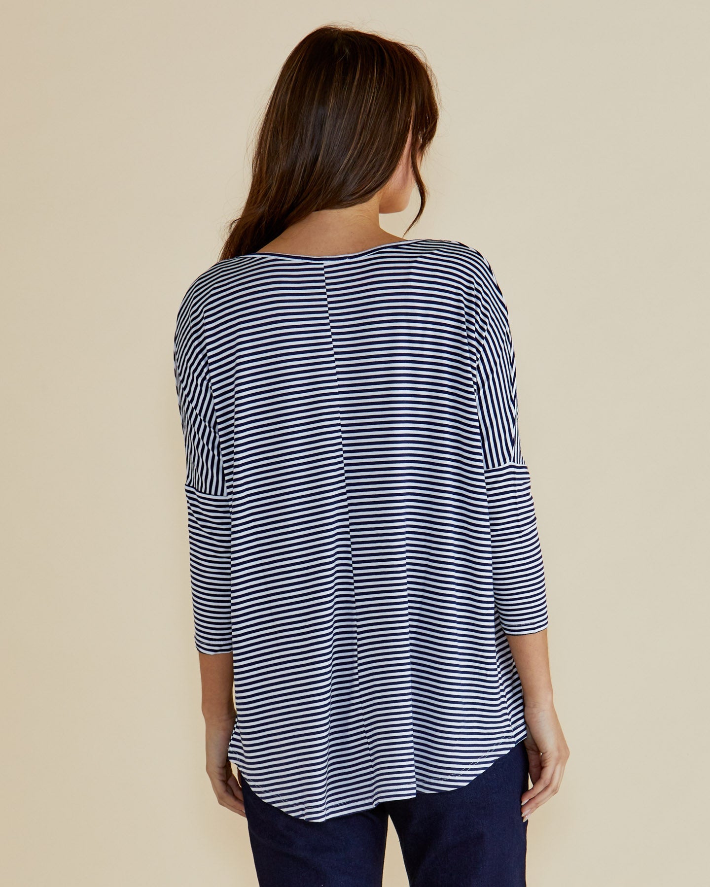 Betty Basics Milan 3/4 Sleeve Top (Navy Blue/White Stripe)