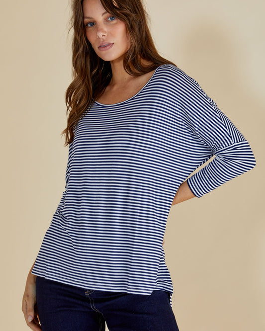 Betty Basics Milan 3/4 Sleeve Top (Navy Blue/White Stripe)