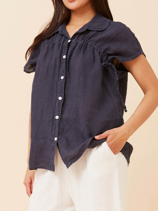 Bottega Moda Linen Shirt With Shirring Detail (Navy A)
