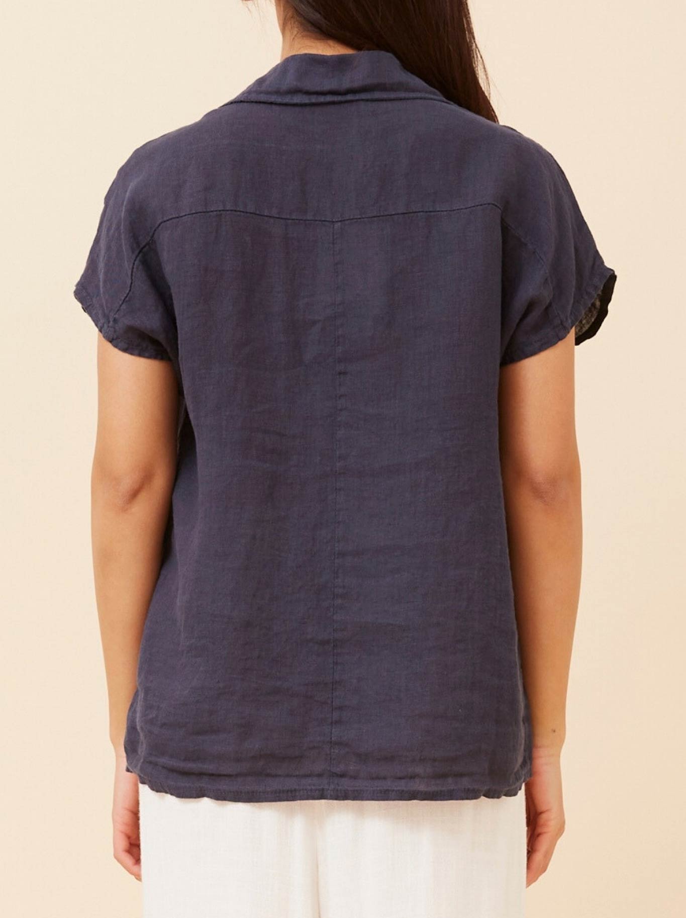 Bottega Moda Linen Shirt With Shirring Detail (Navy A)