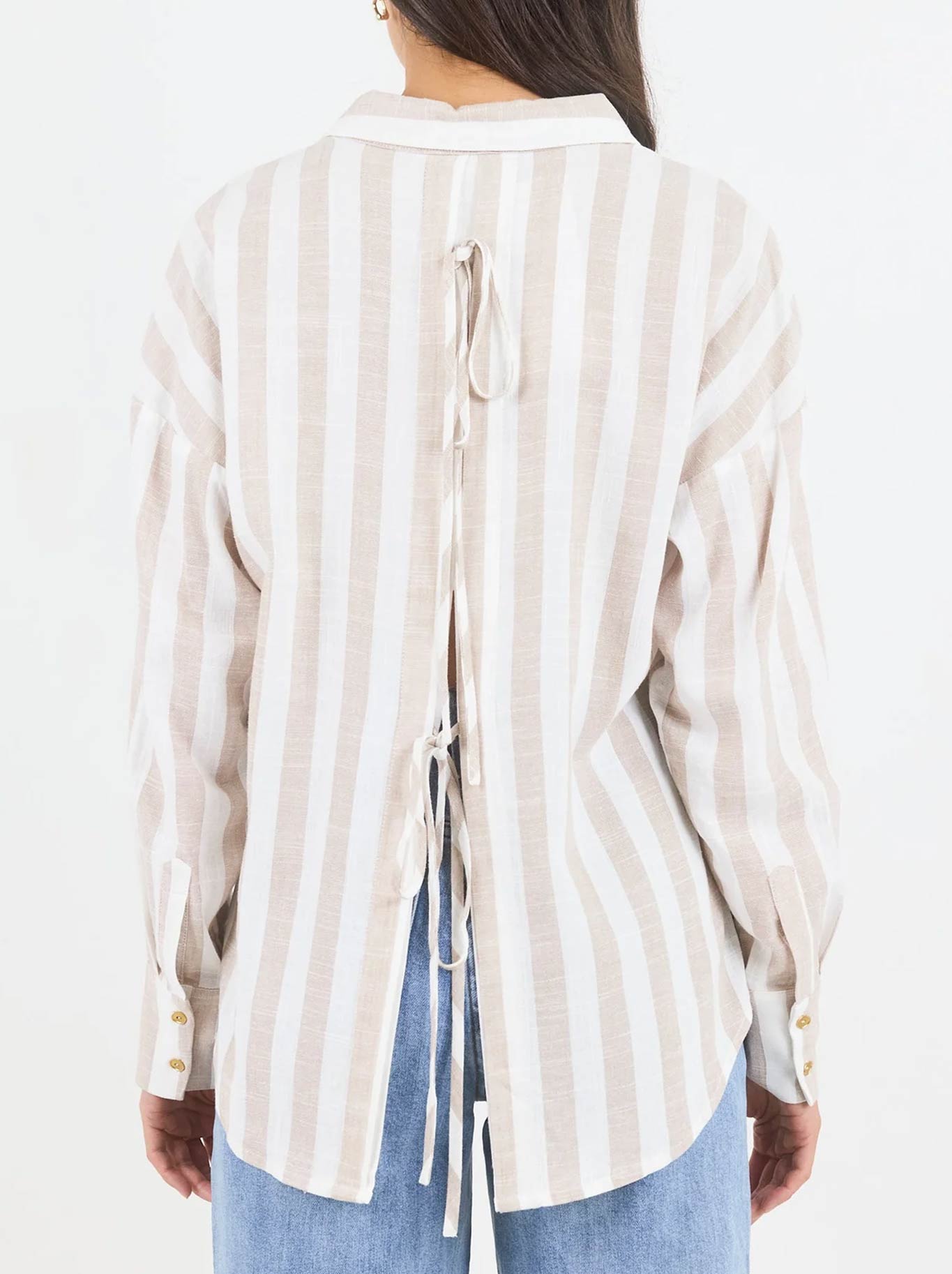 BY ROSA REVEAL STRIPE TIE BACK SHIRT (Taupe)