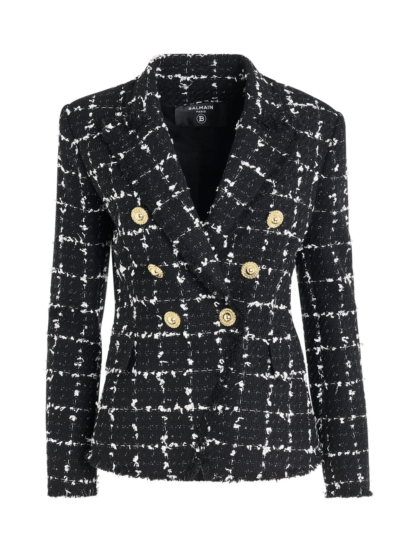 Image of a model wearing Outerwear. Productname: BALMAIN 6 Button Double Breasted Tweed Jacket in Multicolor colour by brand - BALMAIN