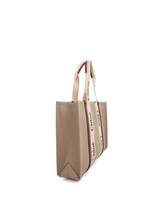 CHLOE Large Eco Woody Tote Bag with Strap (White Brown)