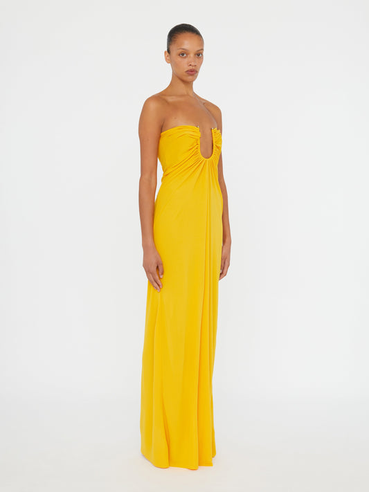 Christopher Esber Arced Palm Strapless Dress (Saffron)