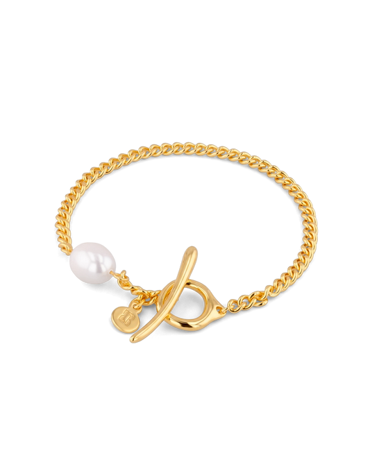 Image of Bracelets. Product name - Cadiz Gold Pearl T-Bar Bracelet in colour by brand - LAVANA