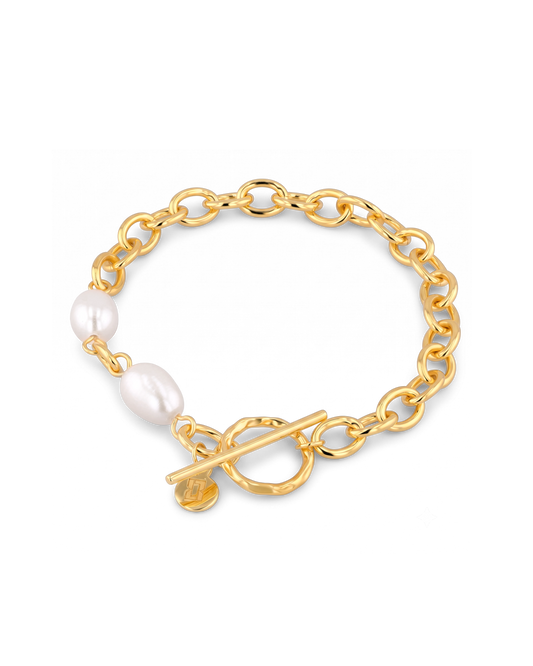 Image of Bracelets. Product name - Cannes Gold Pearl T-Bar Bracelet in colour by brand - LAVANA