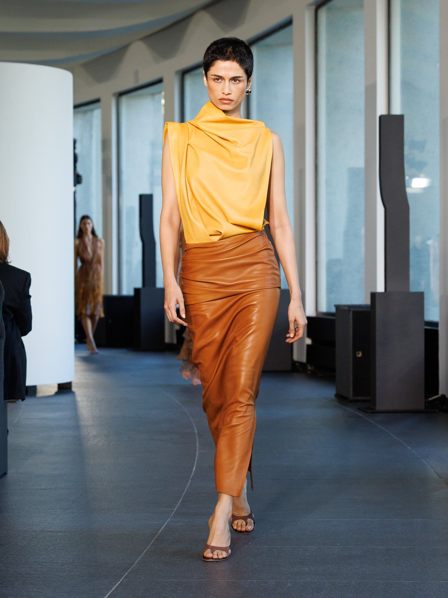 Image of Dresses. Product name - Drop Leather Tee Dress in Bronzed colour by brand - CHRISTOPHER ESBER
