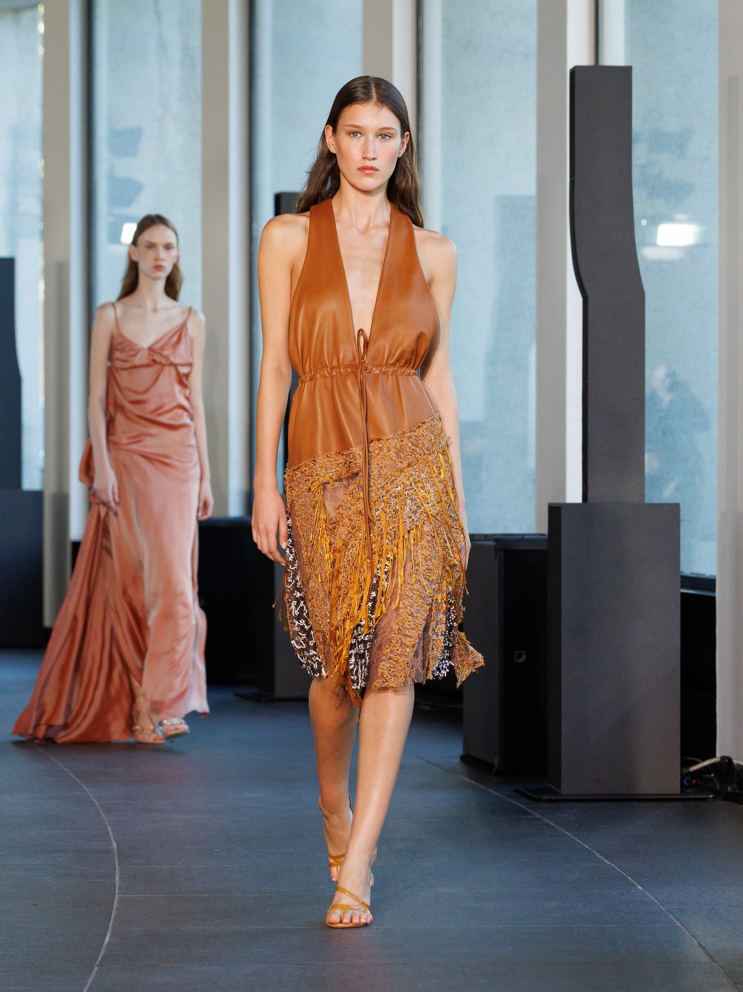 Image of Dresses. Productname: Leather Fragmented Lace Dress in Dress colour by brand - Christopher Esber