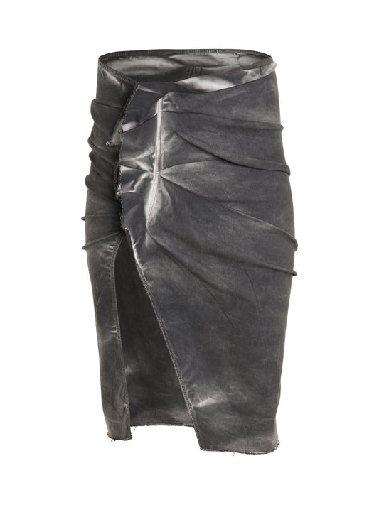 Image of a model wearing Skirts. Productname: RICK OWENS DRKSHDW EDFU Knee Skirt in Dark Dust colour by brand - RICK OWENS DRKSHDW