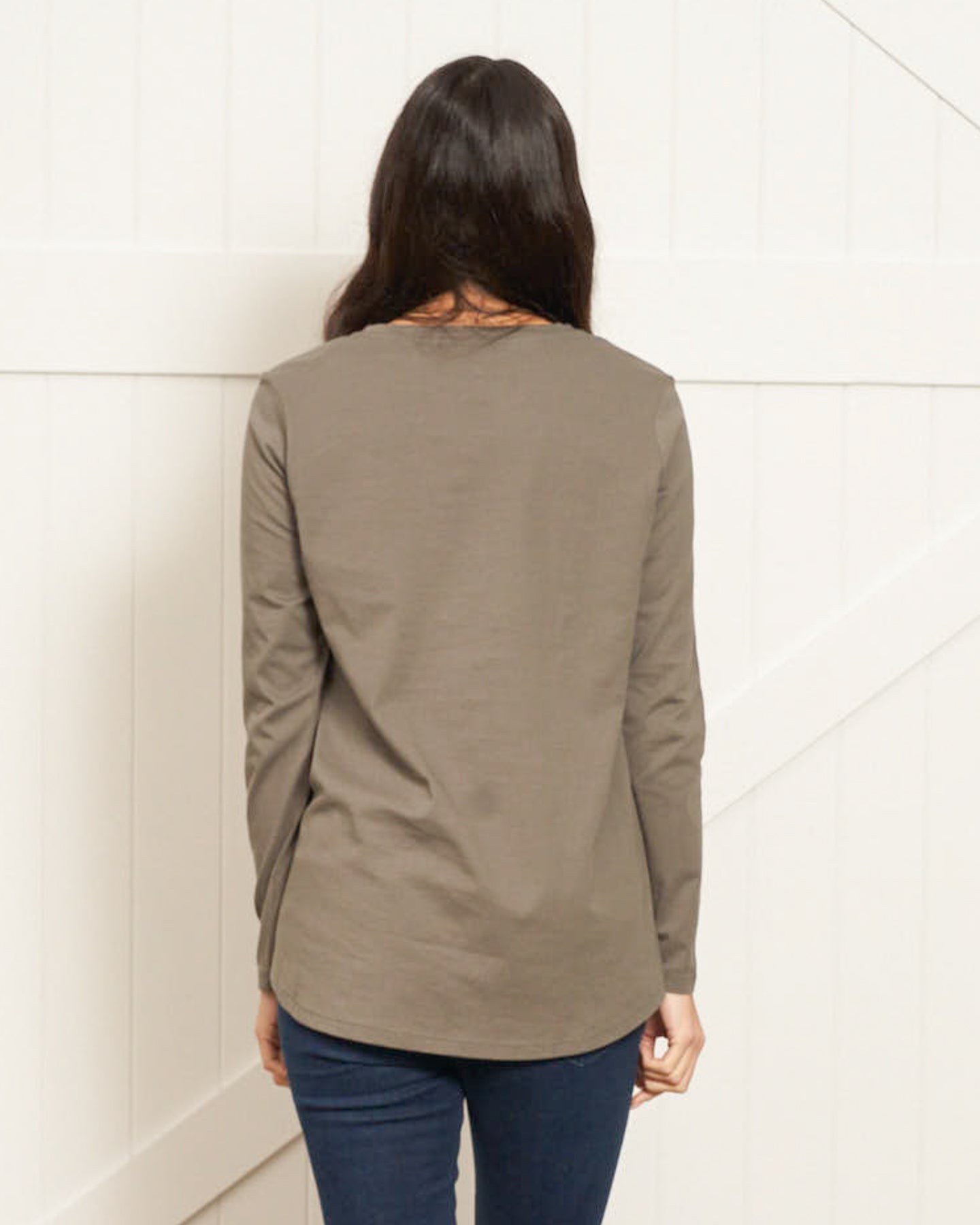 Betty Basics Sydney 100% Australian Cotton Relaxed Trapeze Basic Long Sleeve Tee (Ash Green)