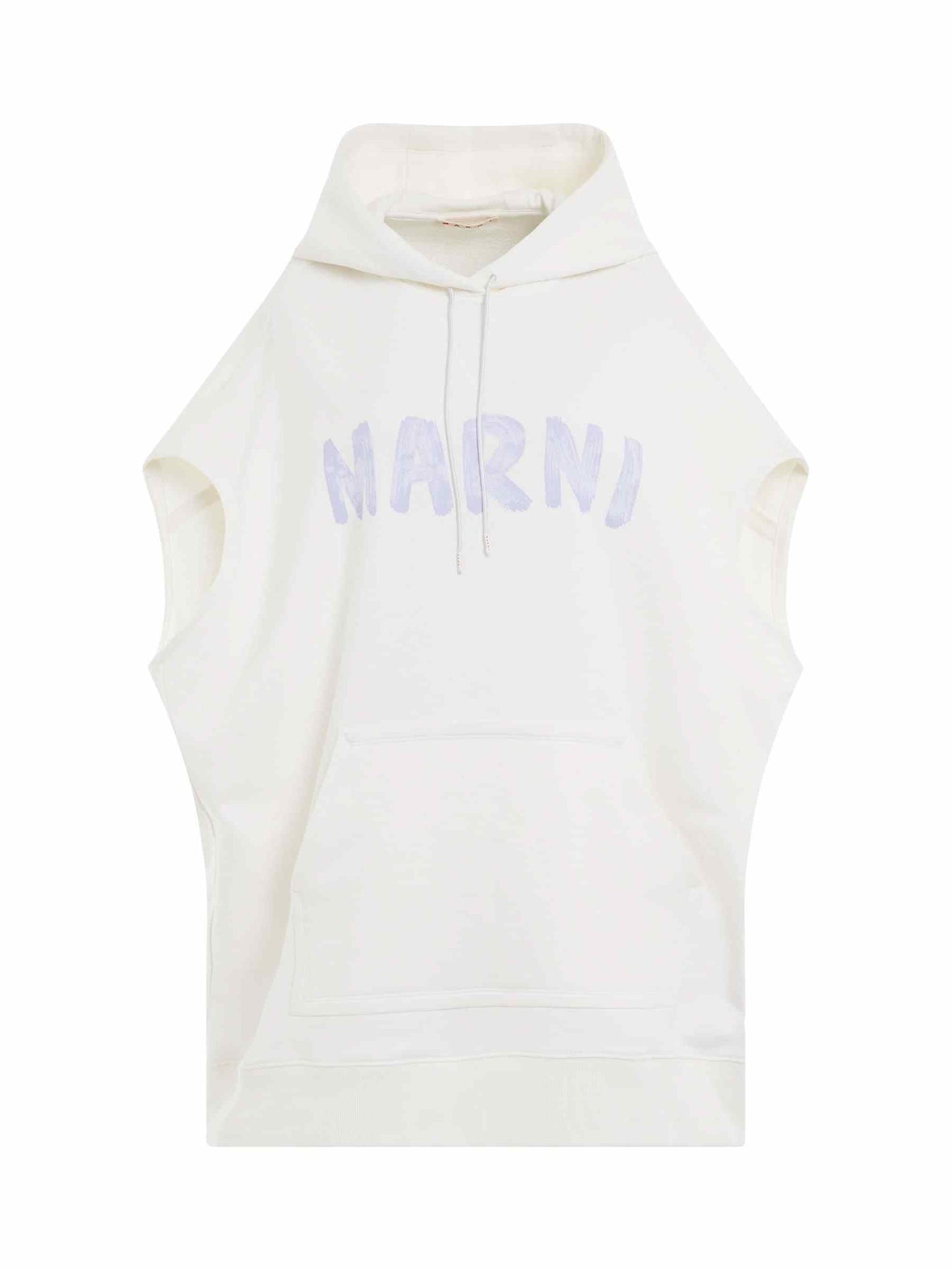 Image of a model wearing Outerwear. Productname: MARNI Sleeveless Logo Hoodie in Stone White colour by brand - MARNI