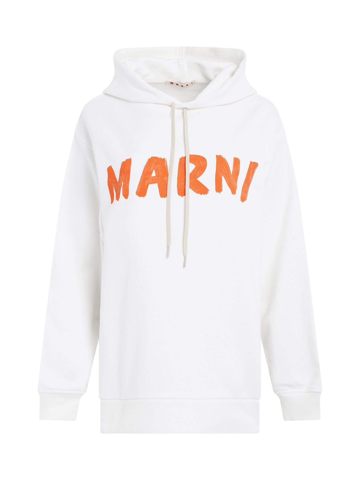 Image of a model wearing Outerwear. Productname: MARNI Logo Print Hoodie in Stone White colour by brand - MARNI
