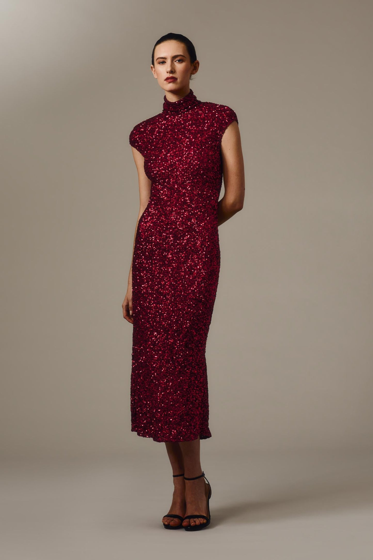 Carla Zampatti Cherry Crushed Sequin Cap Sleeve Midi Dress (Red)